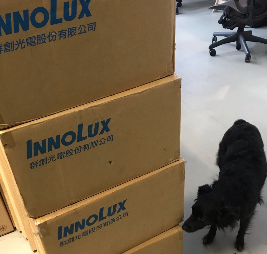 Innolux display panel boxes and Tina, the MNT Research dog
